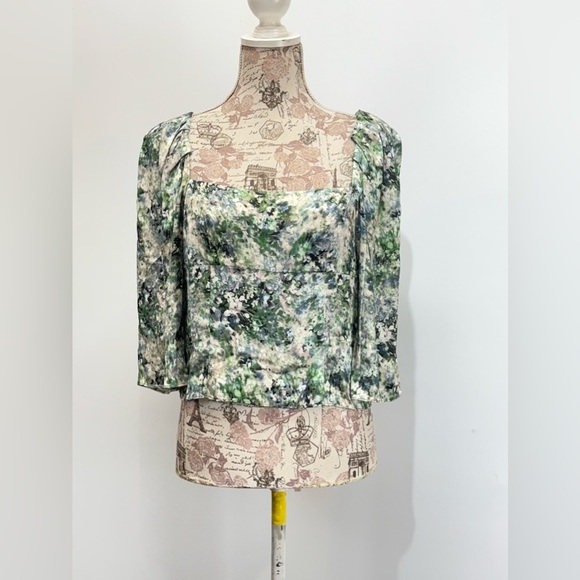VINCE Green and blue floral print puff sleeve square neck top size 4 - Picture 7 of 15